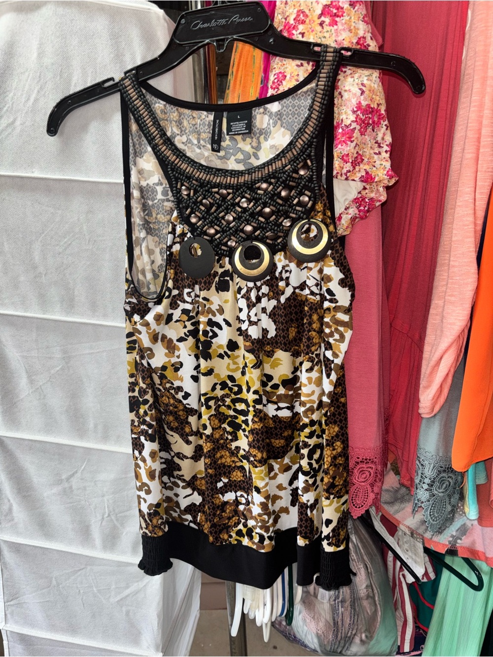 new directions Black, Brown, Cream Animal Print Tank with Beaded Neckline